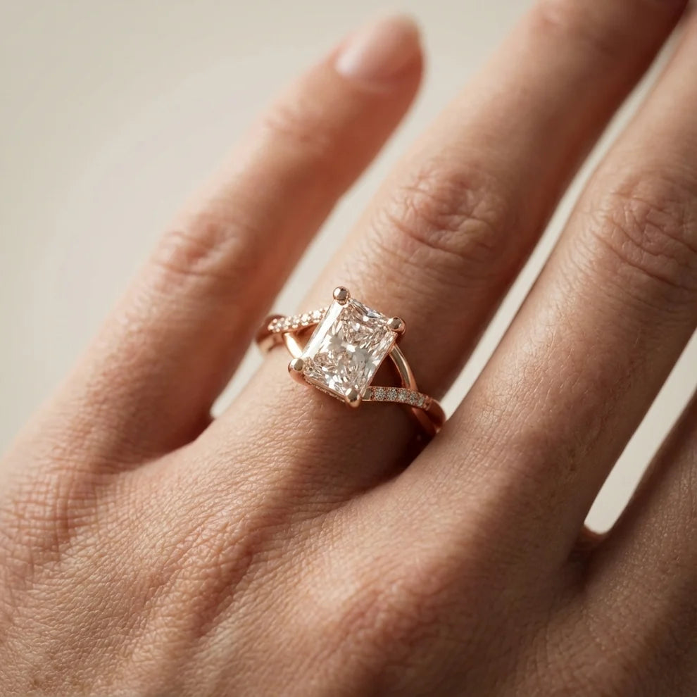 Veronica Twist Side Stone Radiant Diamond Engagement & Wedding Ring