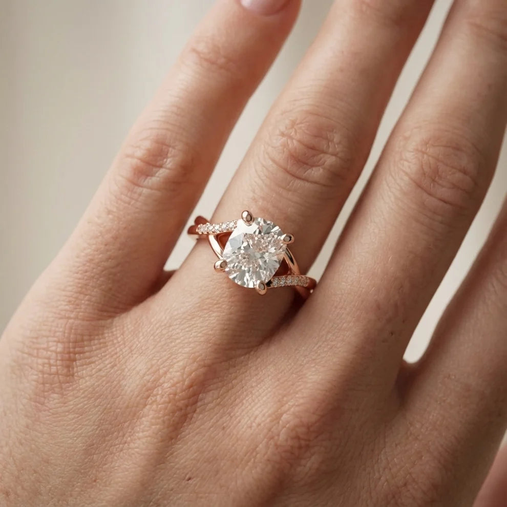 Veronica Twist Side Stone Cushion Diamond Engagement & Wedding Ring