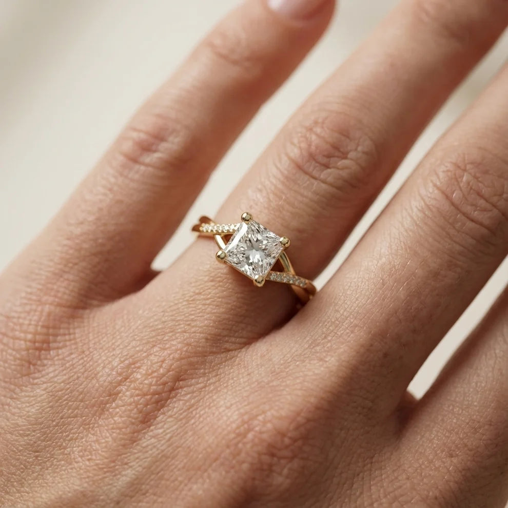 Veronica Twist Side Stone Princess Diamond Engagement & Wedding Ring