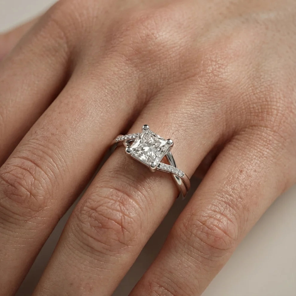 Veronica Twist Side Stone Princess Diamond Engagement & Wedding Ring