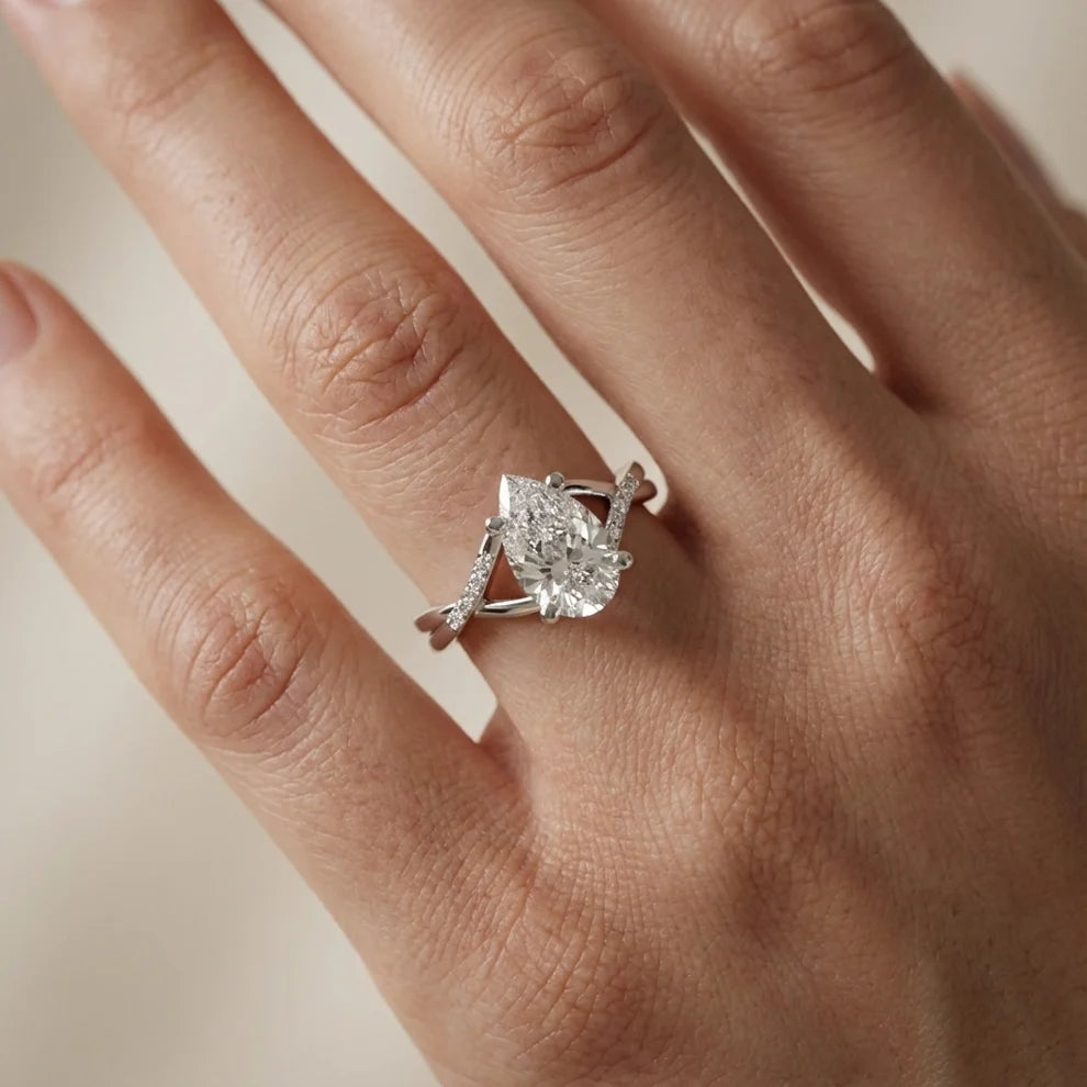 Veronica Twist Side Stone Pear Diamond Engagement & Wedding Ring