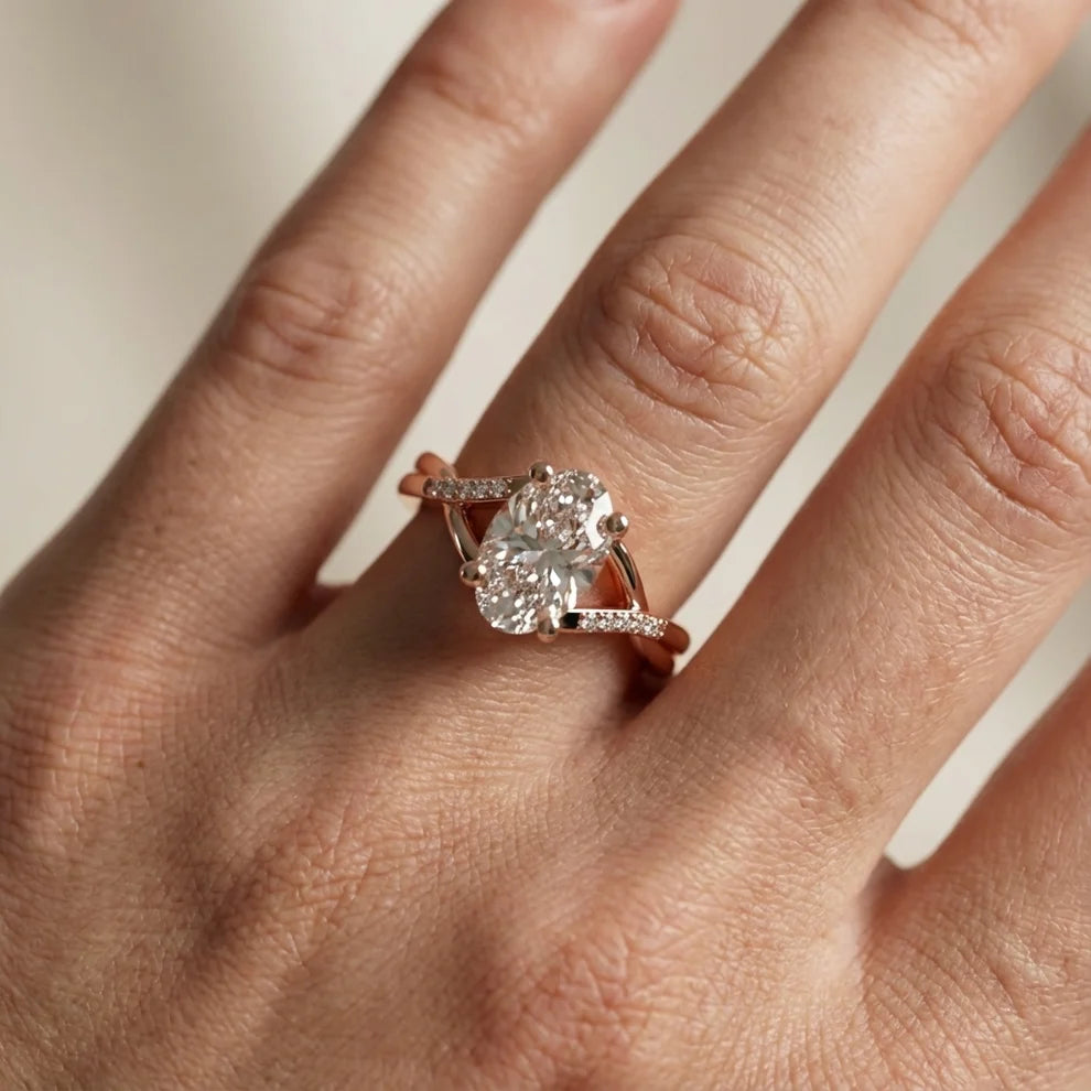 Veronica Twist Side Stone Oval Diamond Engagement & Wedding Ring