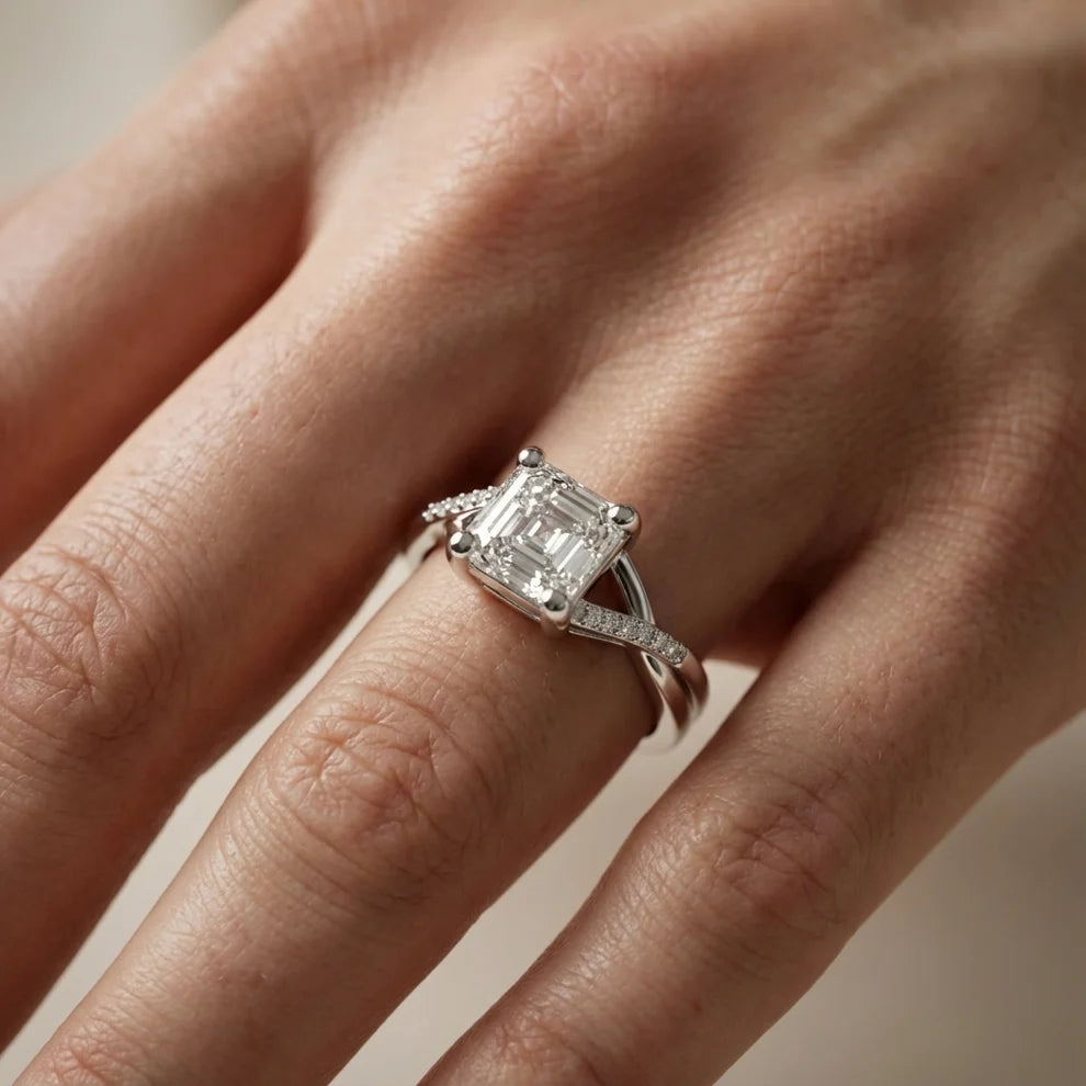 Veronica Twist Side Stone Asscher Diamond Engagement & Wedding Ring
