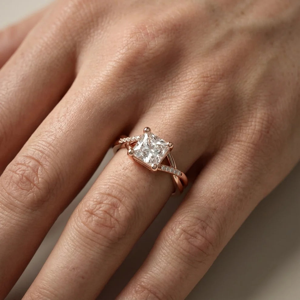 Veronica Twist Side Stone Princess Diamond Engagement & Wedding Ring