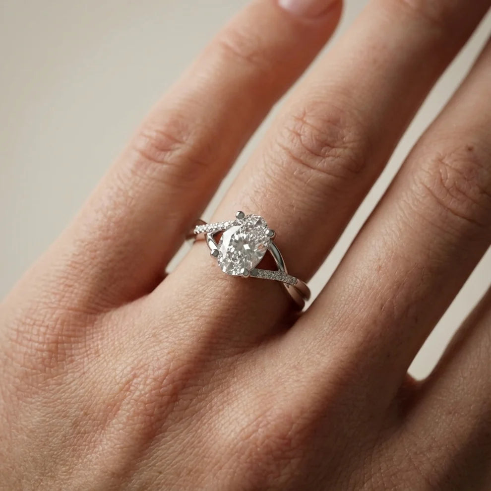 Veronica Twist Side Stone Oval Diamond Engagement & Wedding Ring