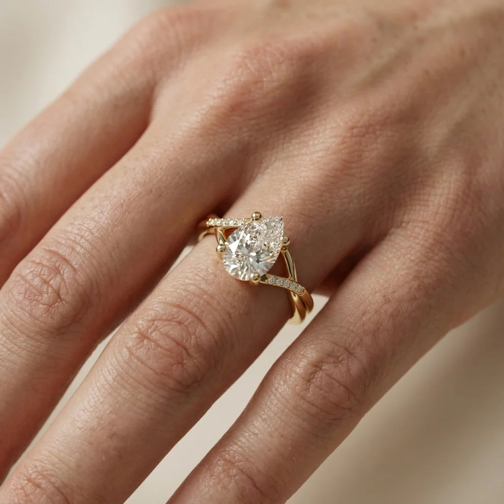 Veronica Twist Side Stone Pear Diamond Engagement & Wedding Ring