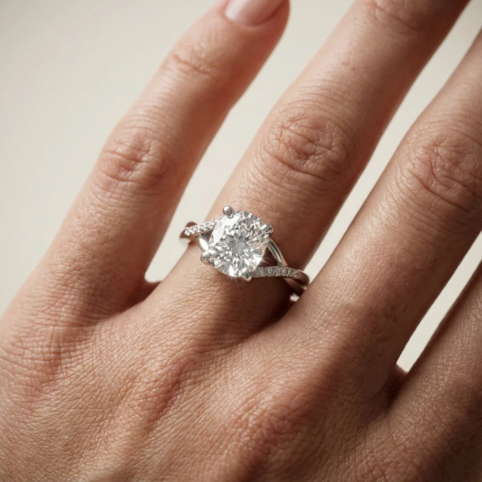 Veronica Twist Side Stone Cushion Diamond Engagement & Wedding Ring