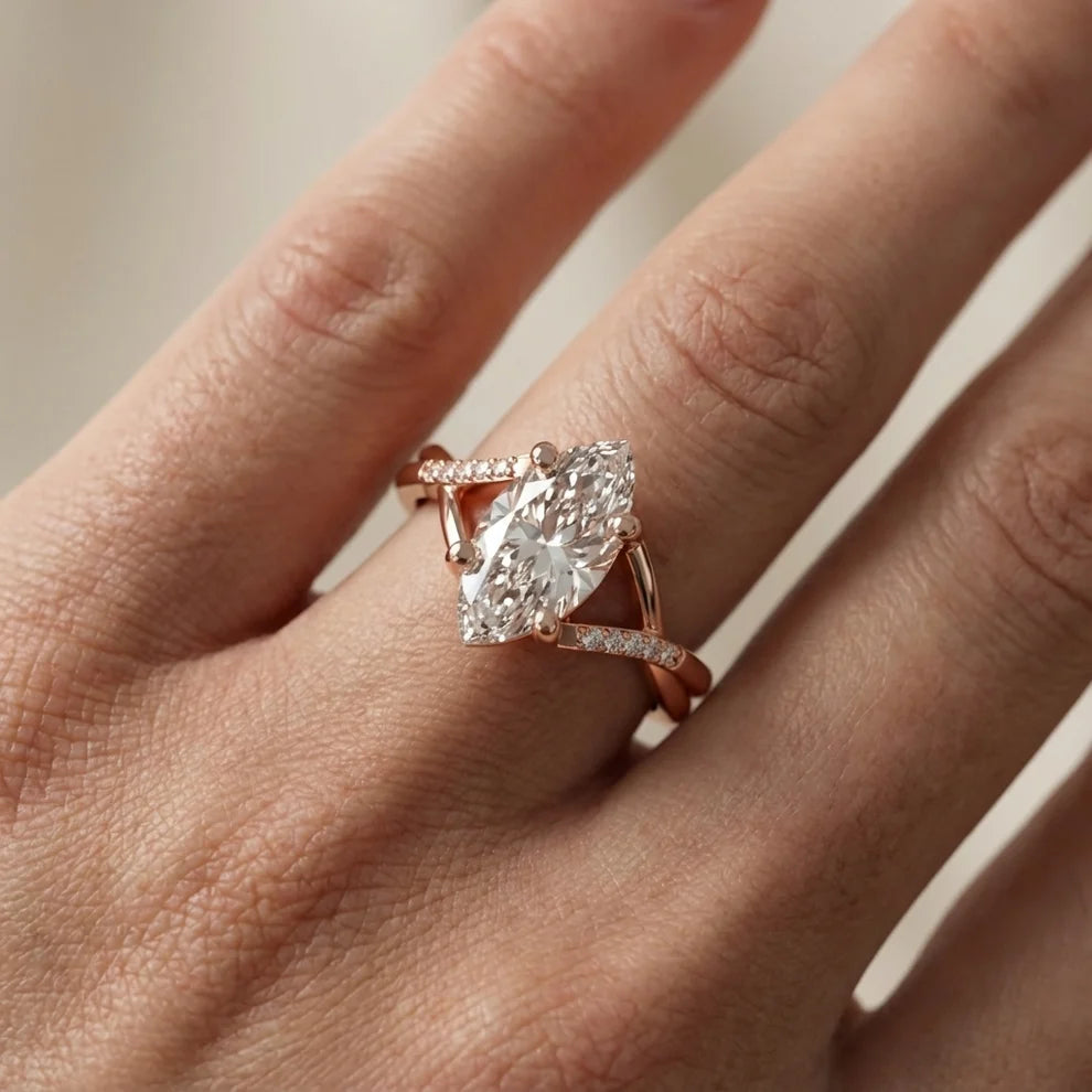 Veronica Twist Side Stone Marquise Diamond Engagement & Wedding Ring