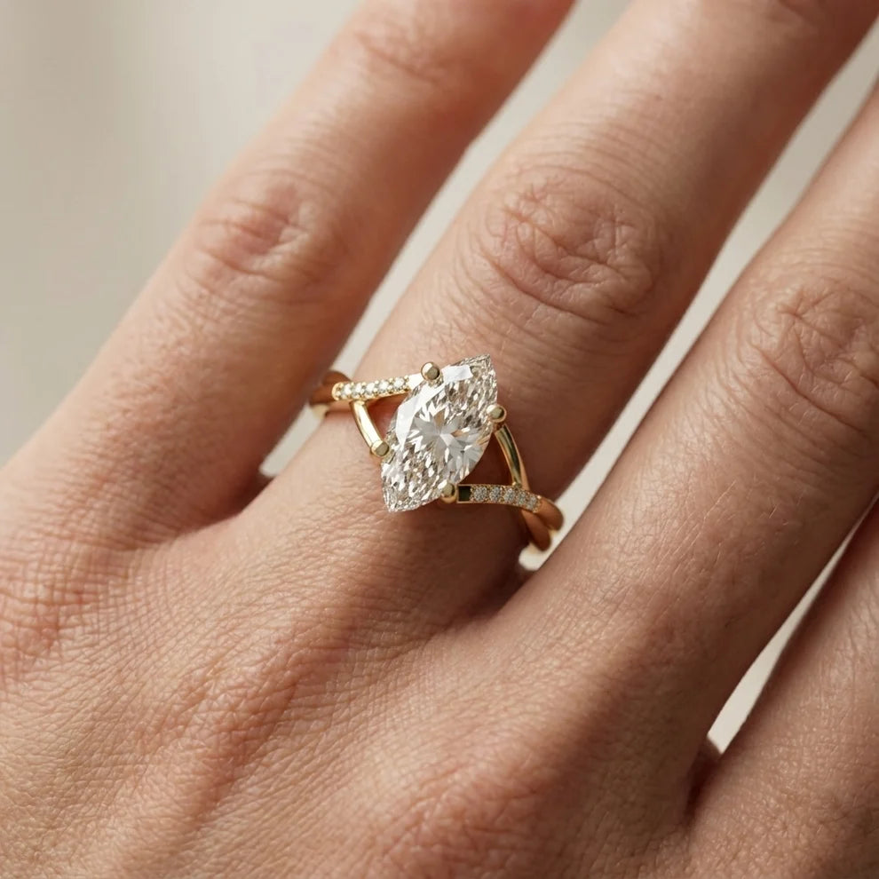 Veronica Twist Side Stone Marquise Diamond Engagement & Wedding Ring