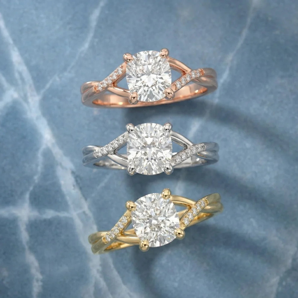 Veronica Twist Side Stone Cushion Diamond Engagement & Wedding Ring