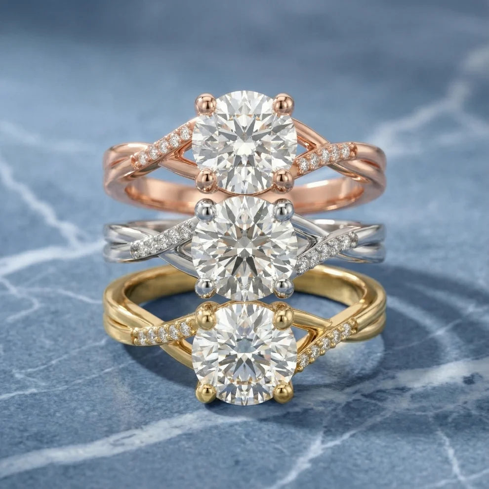 Veronica Twist Side Stone Round Diamond Engagement & Wedding Ring