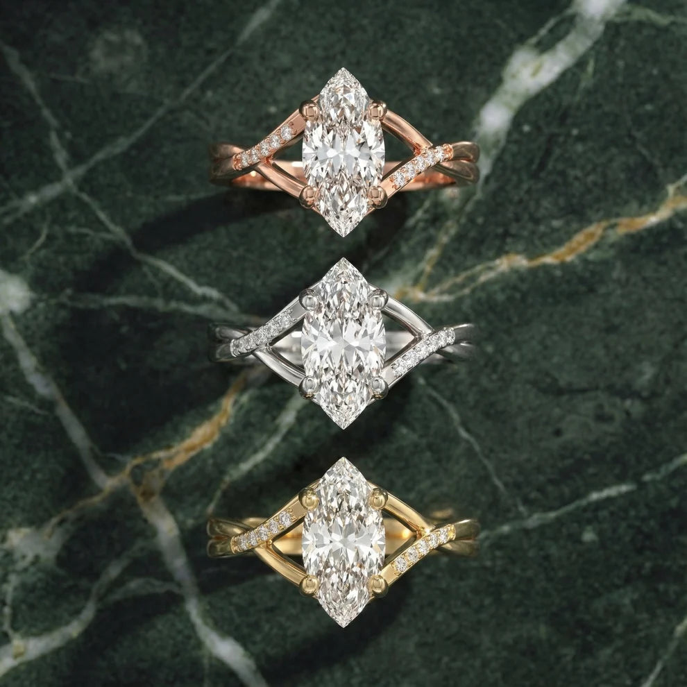 Veronica Twist Side Stone Marquise Diamond Engagement & Wedding Ring