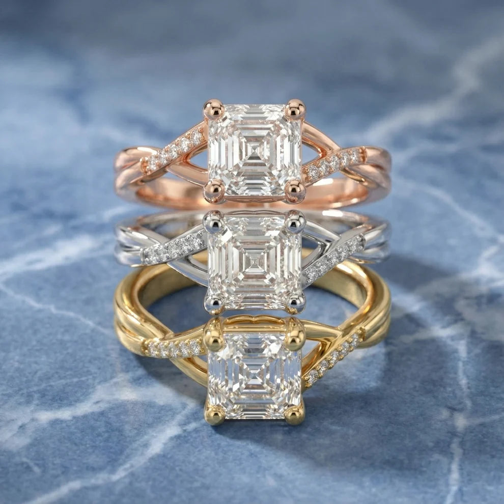 Veronica Twist Side Stone Asscher Diamond Engagement & Wedding Ring