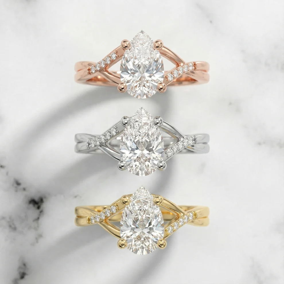 Veronica Twist Side Stone Pear Diamond Engagement & Wedding Ring