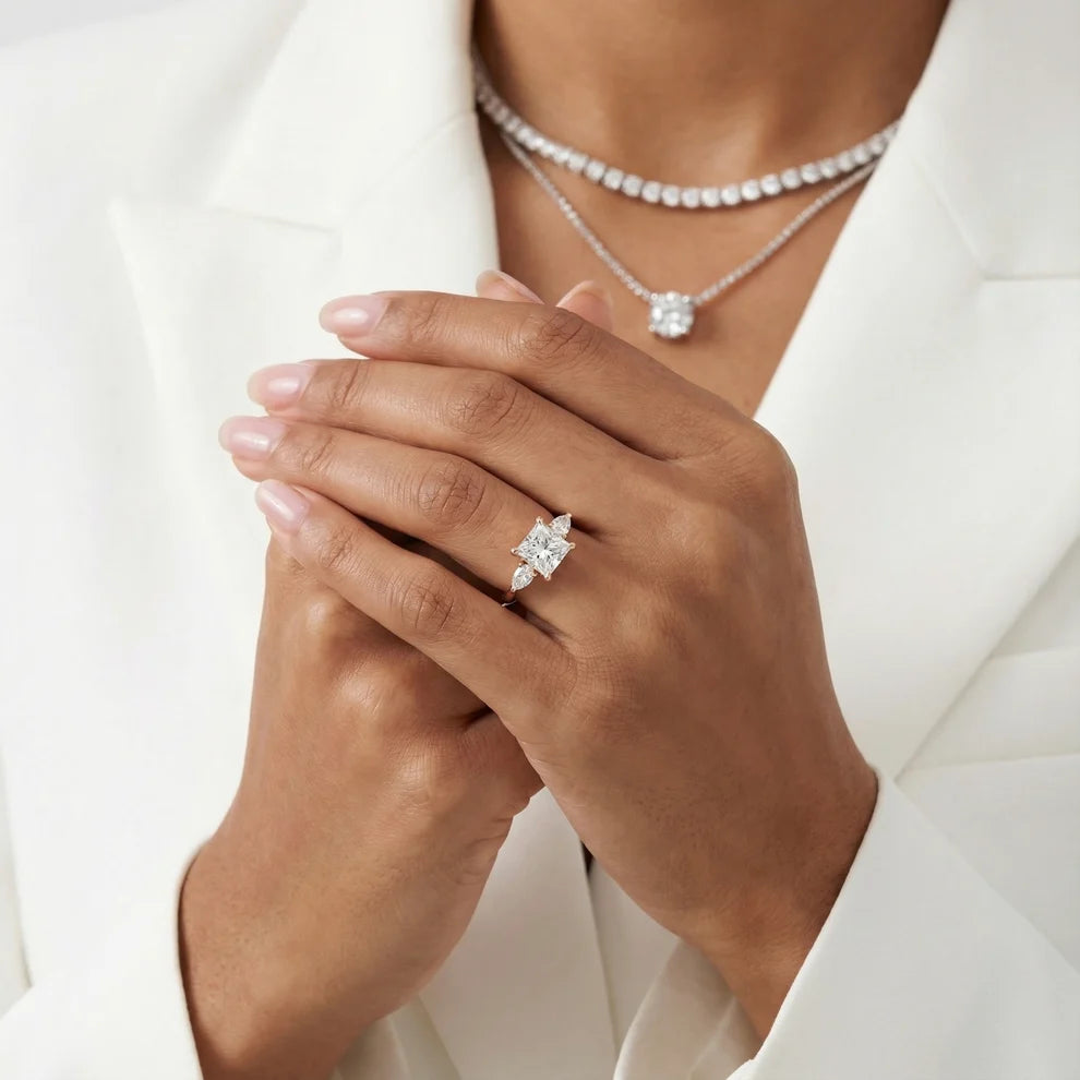 Grace Three Stone Princess Diamond Engagement & Wedding Ring