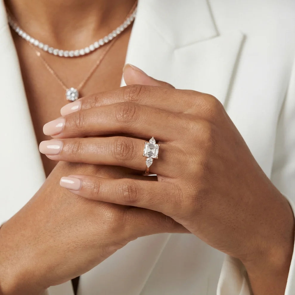 Grace Three Stone Asscher Diamond Engagement & Wedding Ring
