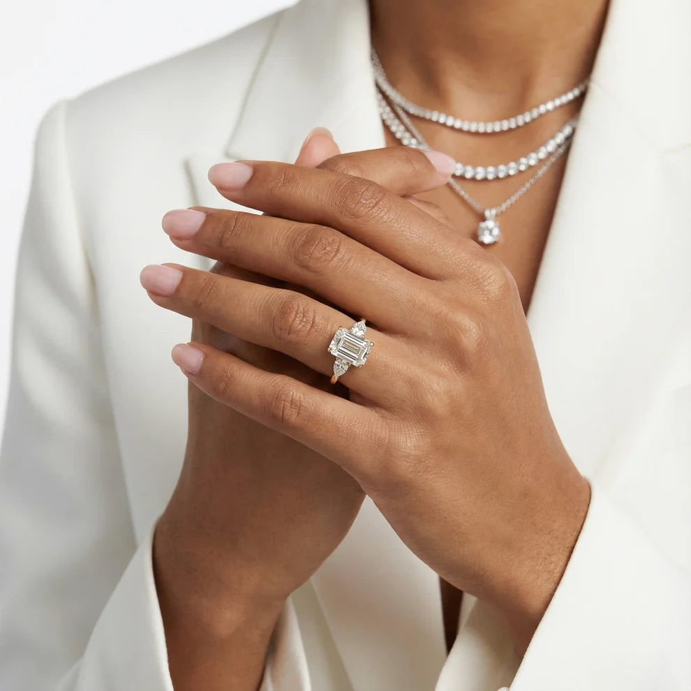 Grace Three Stone Emerald Diamond Engagement & Wedding Ring