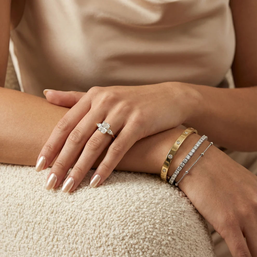 Grace Three Stone Radiant Diamond Engagement & Wedding Ring
