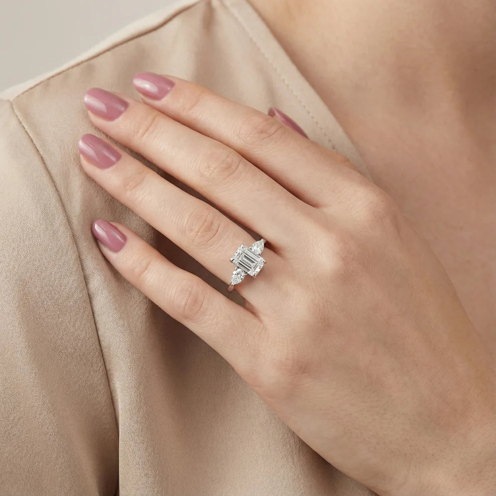 Grace Three Stone Emerald Diamond Engagement & Wedding Ring