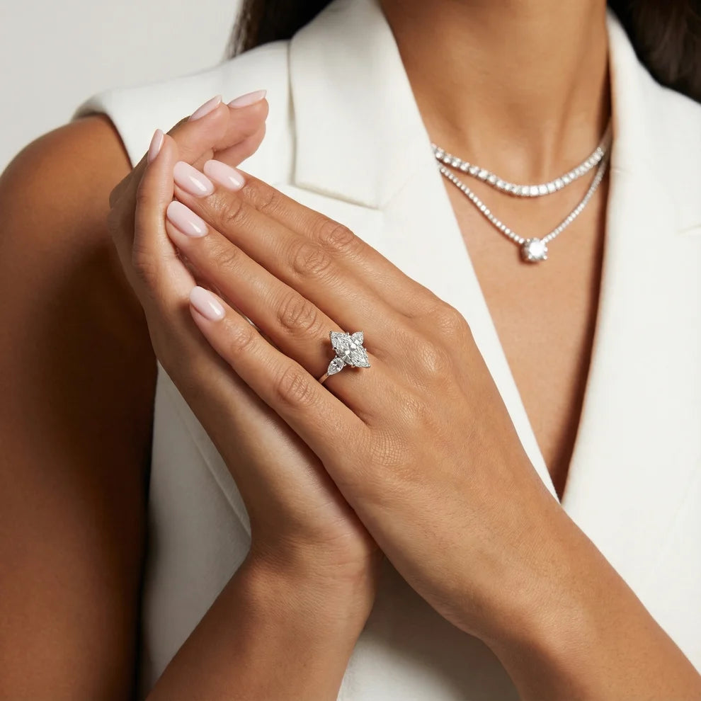 Grace Three Stone Marquise Diamond Engagement & Wedding Ring