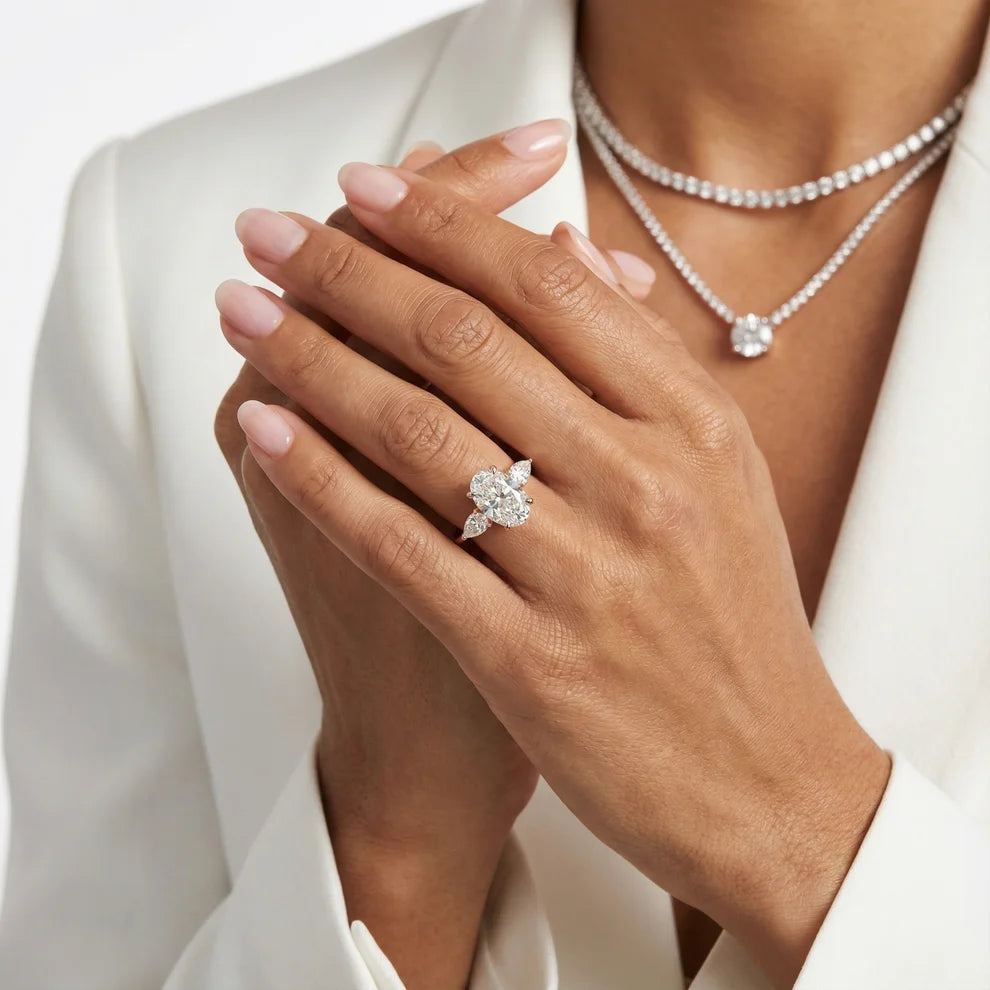 Grace Three Stone Oval Diamond Engagement & Wedding Ring