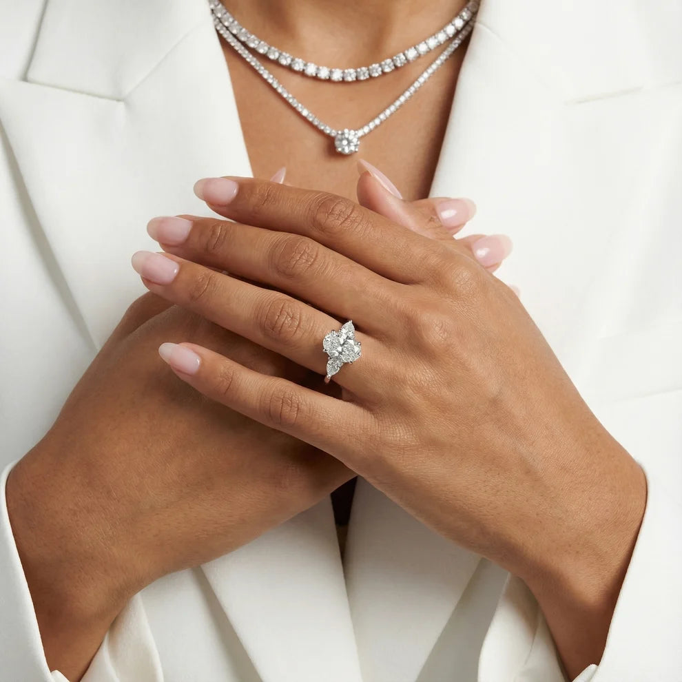 Grace Three Stone Oval Diamond Engagement & Wedding Ring