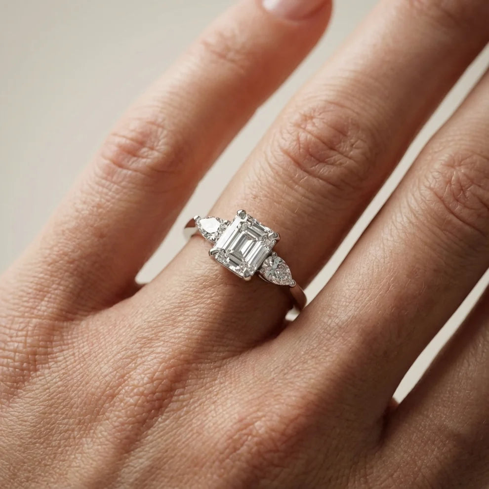 Grace Three Stone Asscher Diamond Engagement & Wedding Ring