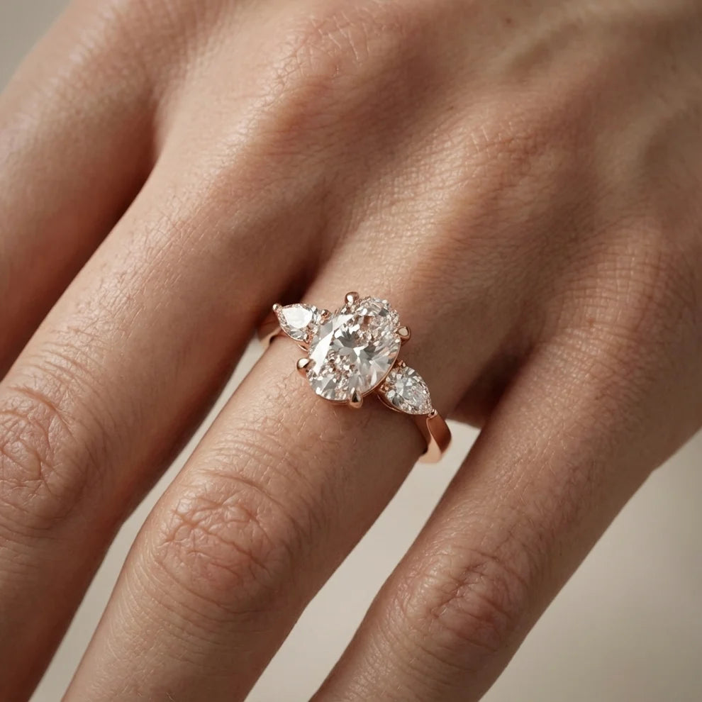 Grace Three Stone Oval Diamond Engagement & Wedding Ring