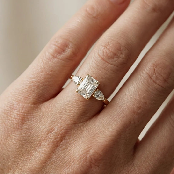 Grace Three Stone Emerald Diamond Engagement & Wedding Ring