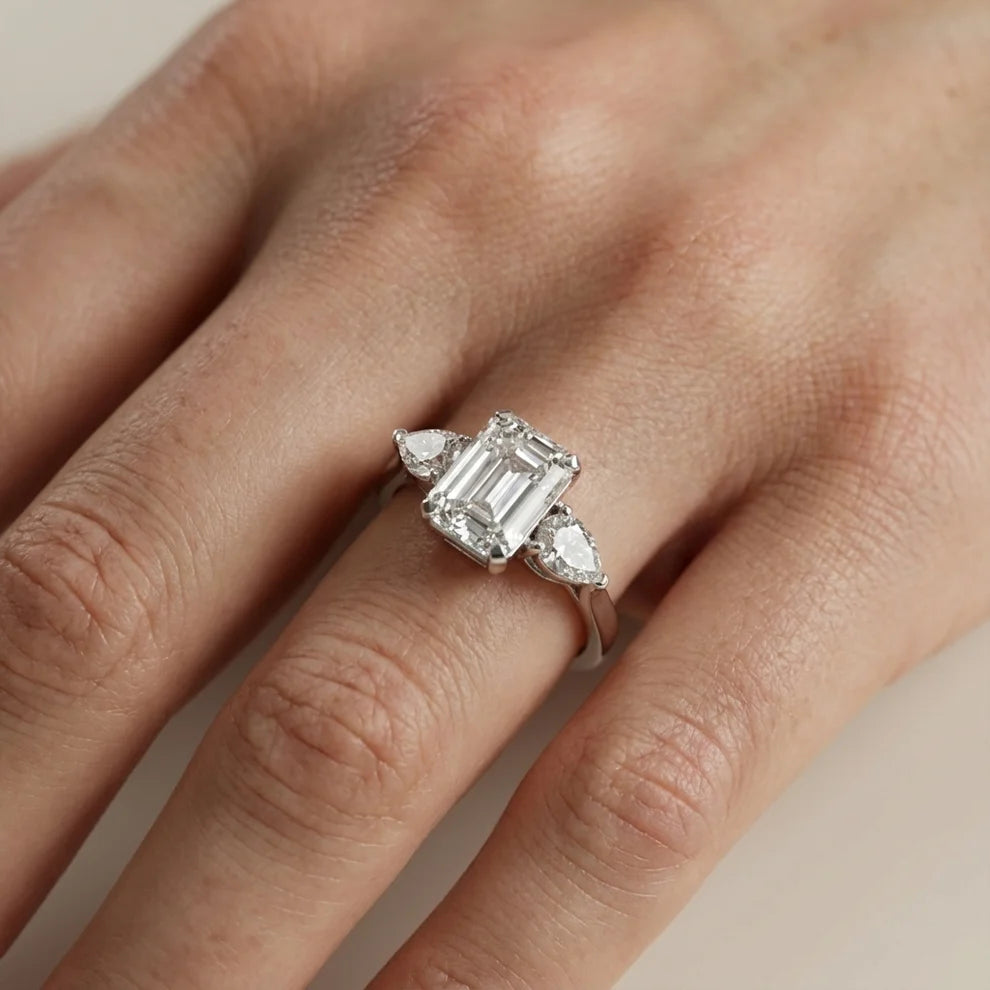 Grace Three Stone Emerald Diamond Engagement & Wedding Ring