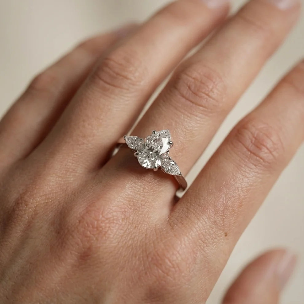 Grace Three Stone Pear Diamond Engagement & Wedding Ring