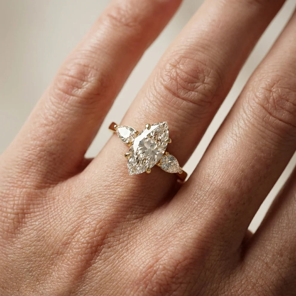 Grace Three Stone Marquise Diamond Engagement & Wedding Ring