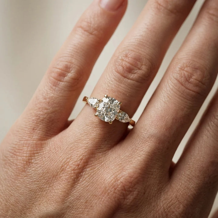 Grace Three Stone Cushion Diamond Engagement & Wedding Ring