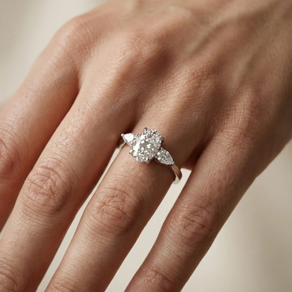 Grace Three Stone Oval Diamond Engagement & Wedding Ring
