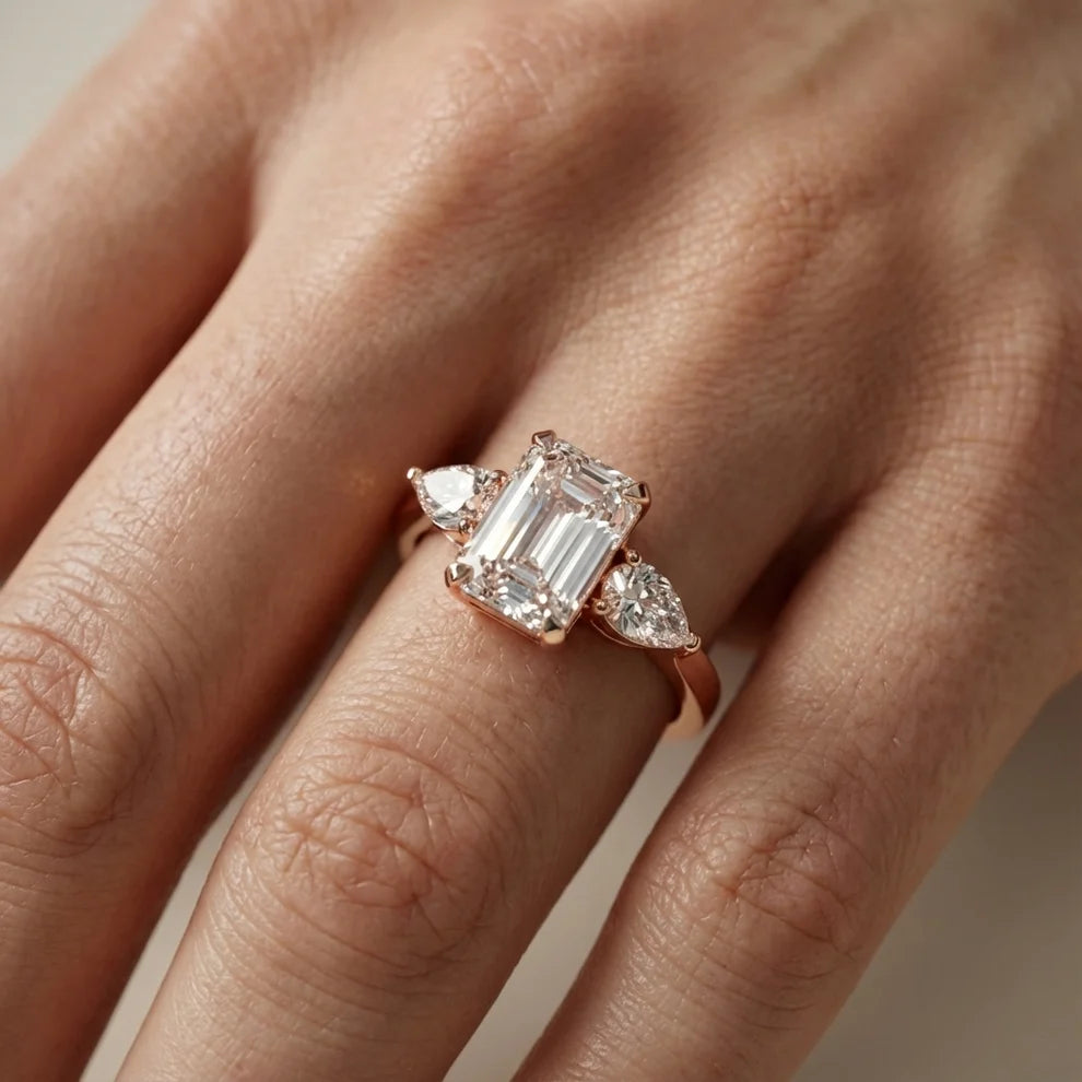 Grace Three Stone Emerald Diamond Engagement & Wedding Ring