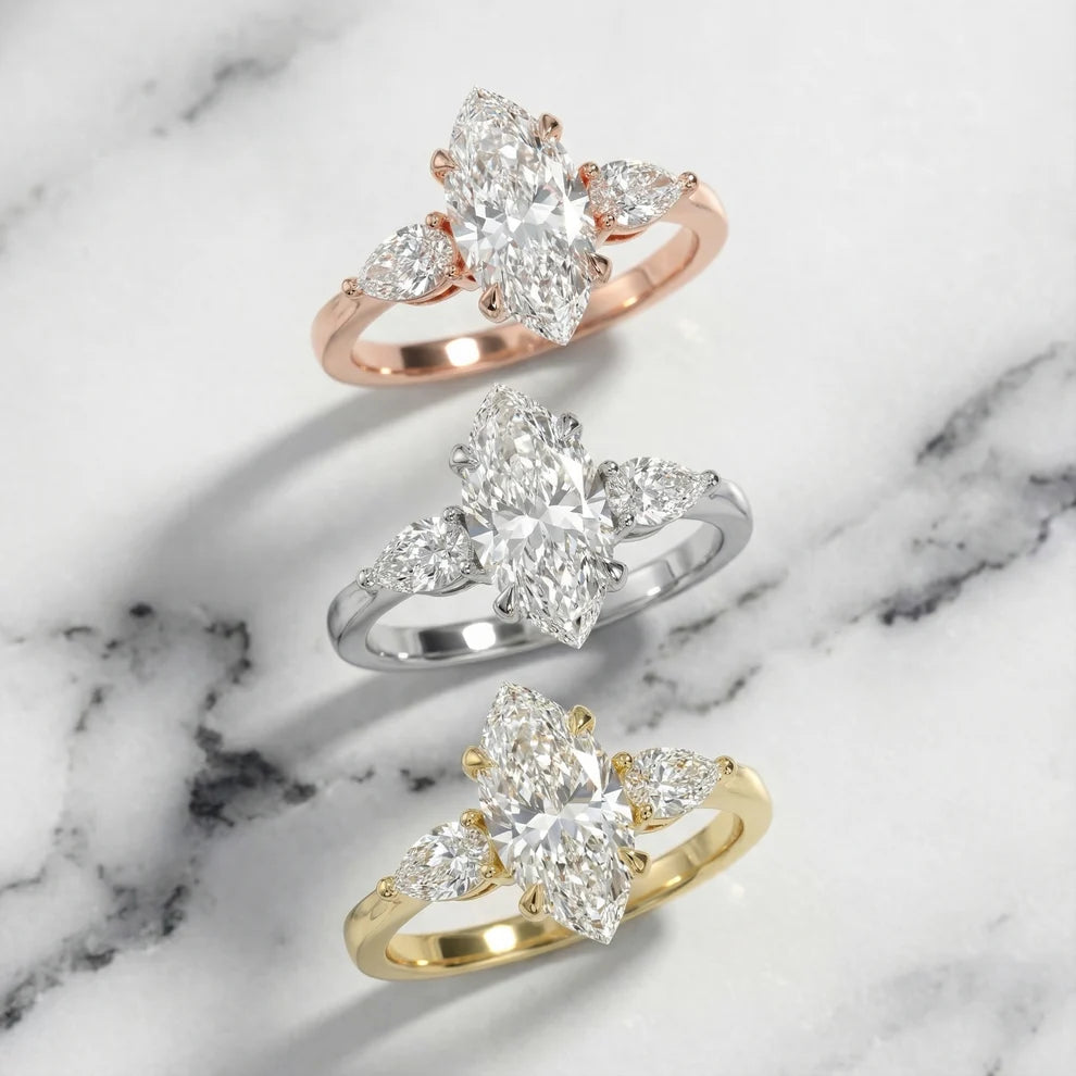 Grace Three Stone Marquise Diamond Engagement & Wedding Ring