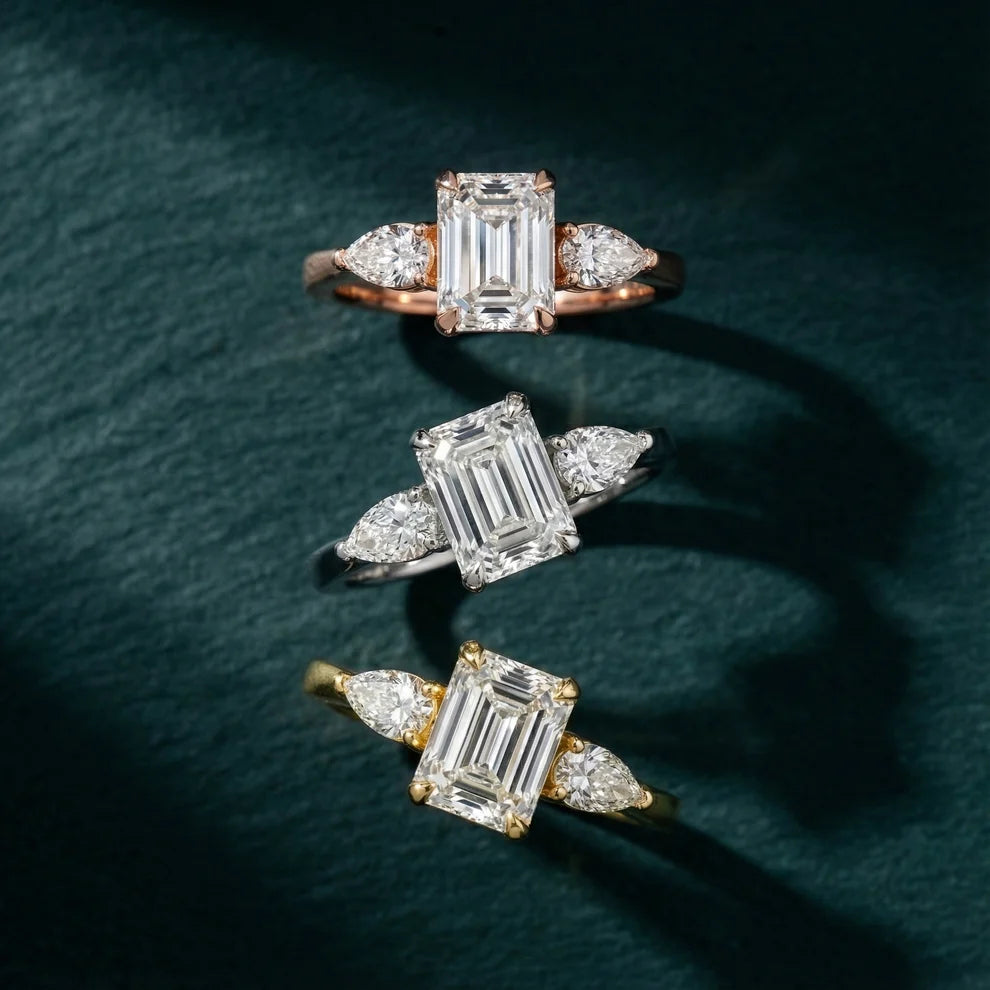 Grace Three Stone Emerald Diamond Engagement & Wedding Ring
