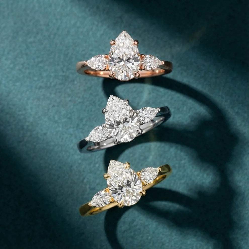 Grace Three Stone Pear Diamond Engagement & Wedding Ring