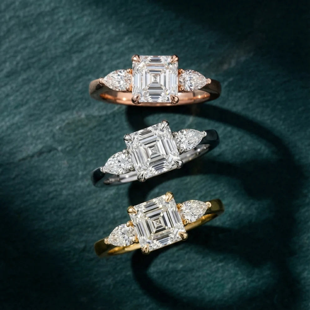 Grace Three Stone Asscher Diamond Engagement & Wedding Ring