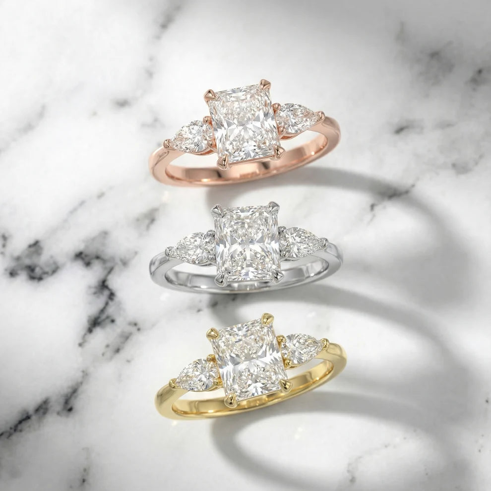 Grace Three Stone Radiant Diamond Engagement & Wedding Ring