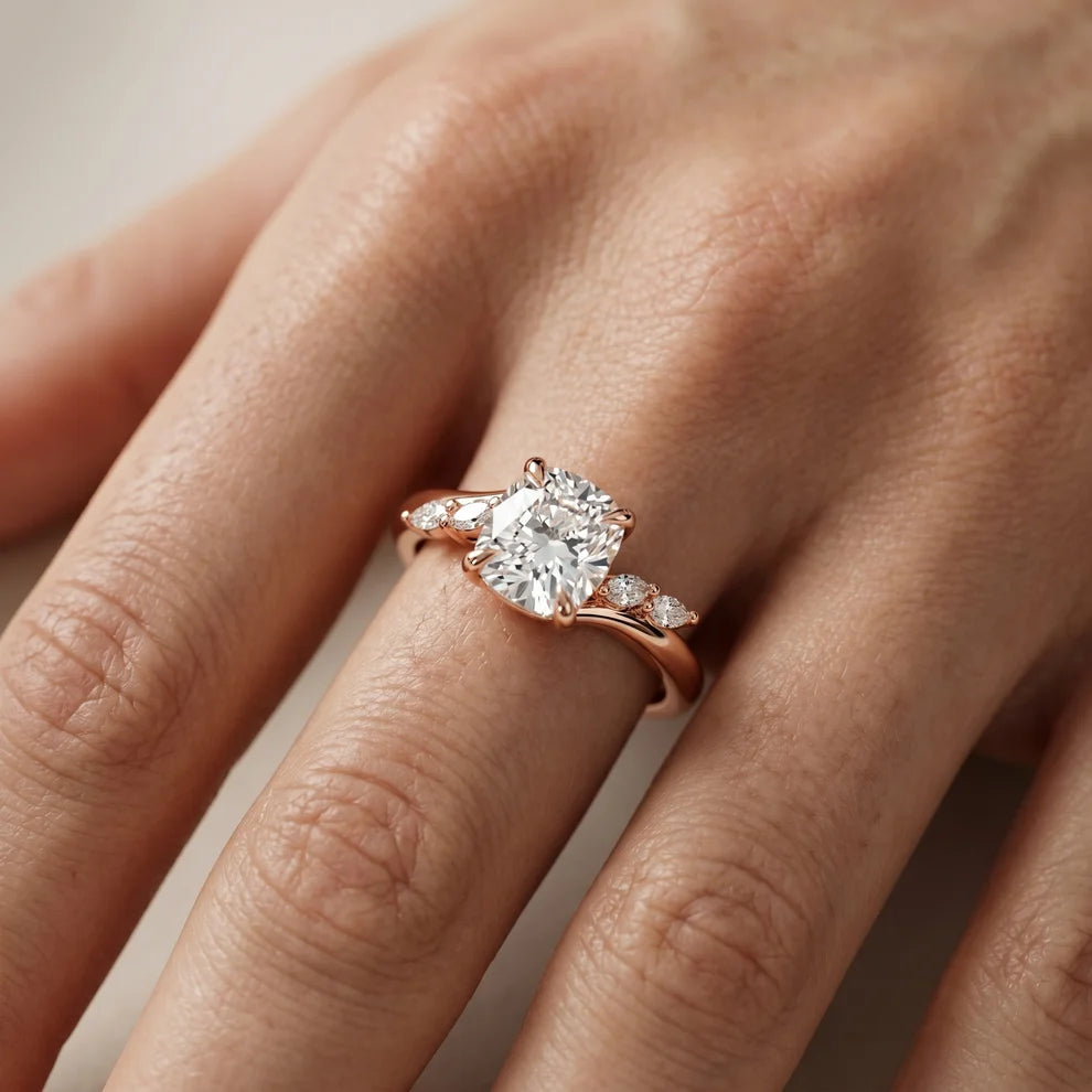 Flora Twist Side Stone Cushion Diamond Engagement & Wedding Ring