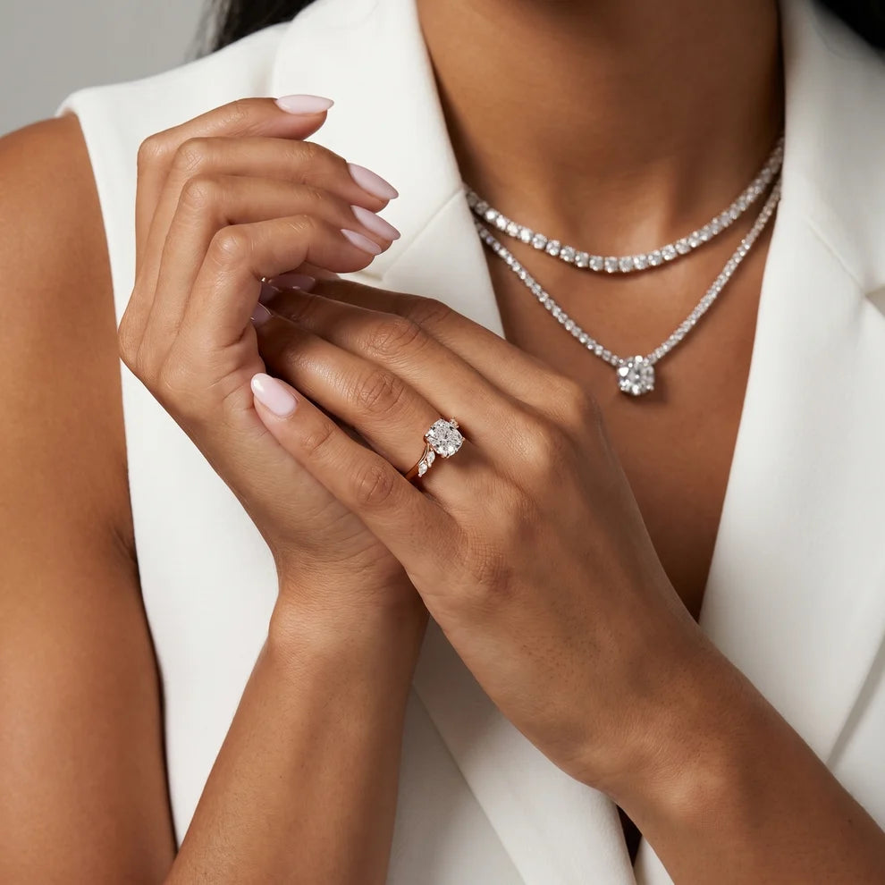 Flora Twist Side Stone Cushion Diamond Engagement & Wedding Ring