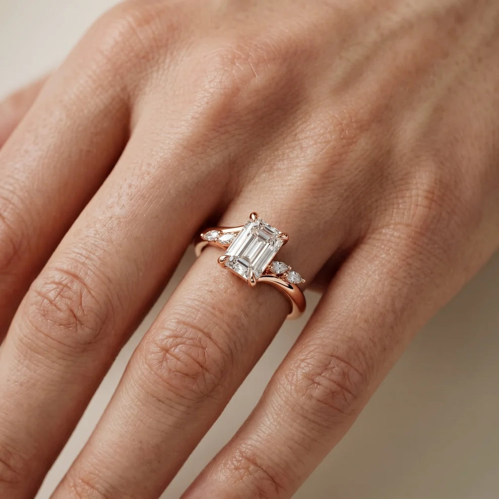 Flora Twist Side Stone Emerald Diamond Engagement & Wedding Ring
