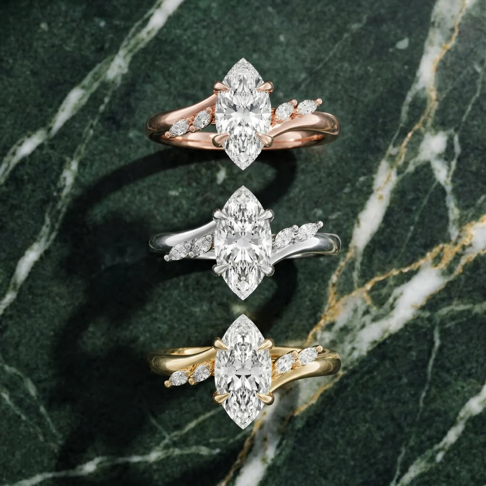 Flora Twist Side Stone Marquise Diamond Engagement & Wedding Ring