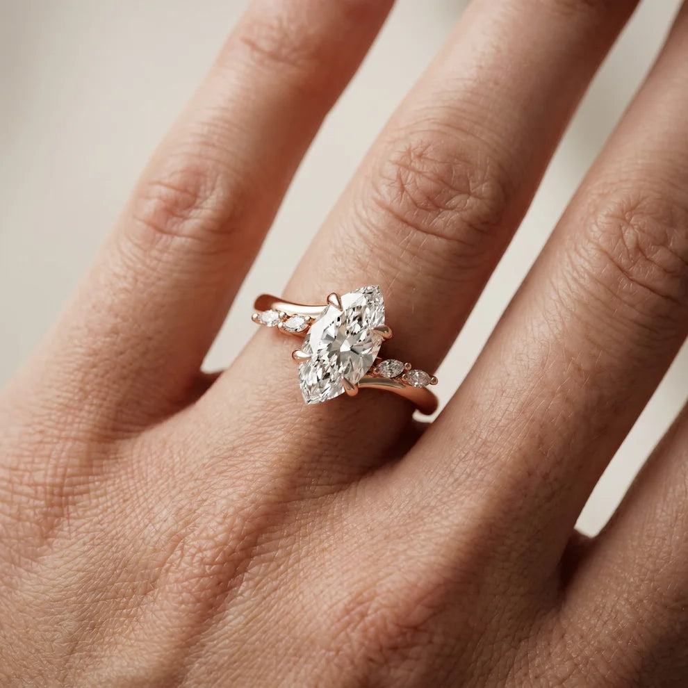 Flora Twist Side Stone Marquise Diamond Engagement & Wedding Ring