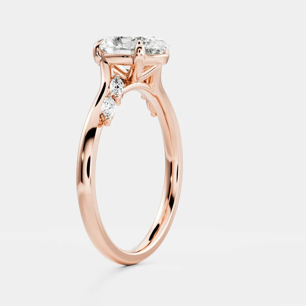 Flora Twist Side Stone Oval Diamond Engagement & Wedding Ring