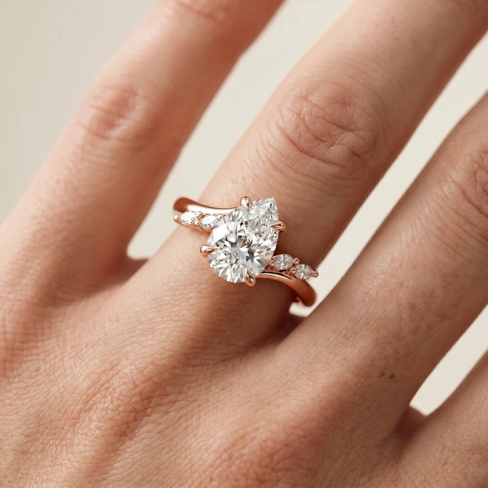 Flora Twist Side Stone Pear Diamond Engagement & Wedding Ring