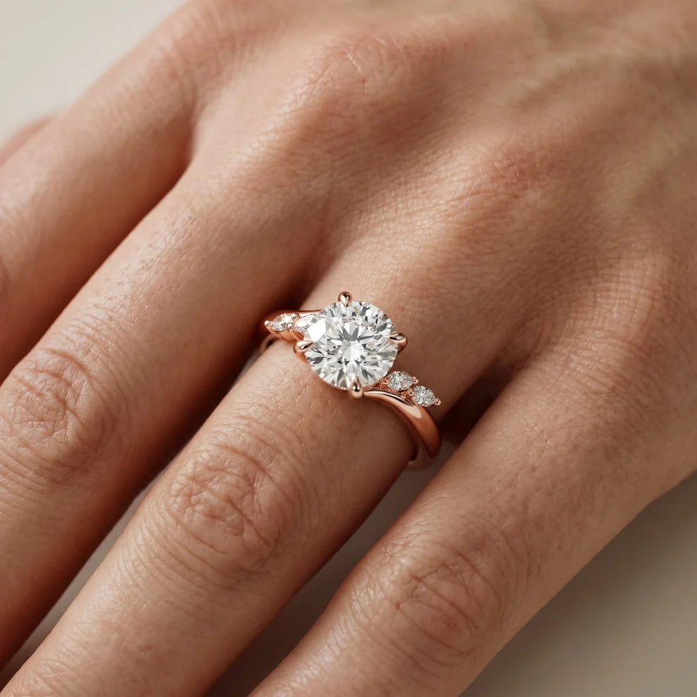 Flora Twist Side Stone Round Diamond Engagement & Wedding Ring