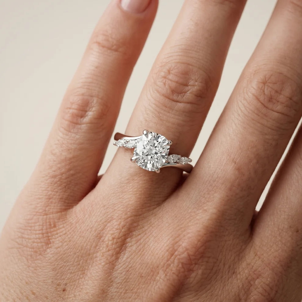 Flora Twist Side Stone Cushion Diamond Engagement & Wedding Ring