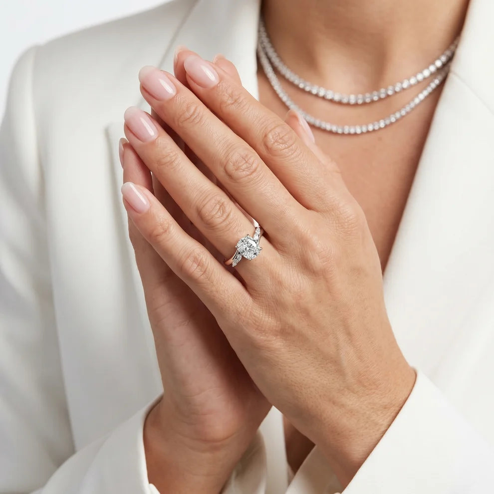 Flora Twist Side Stone Cushion Diamond Engagement & Wedding Ring